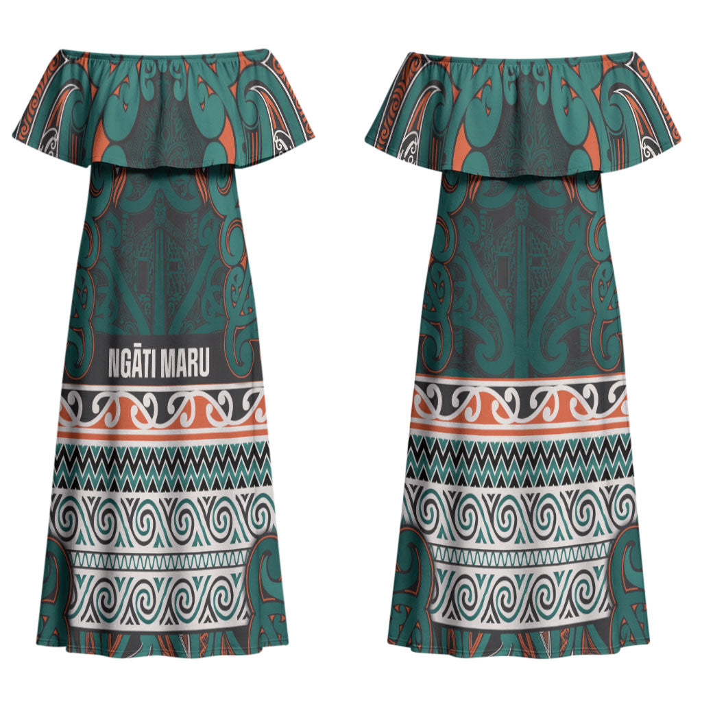 Aotearoa Iwi Ngāti Maru Taranaki Couples Matching Off Shoulder Maxi Dress and Long Sleeve Button Shirt Maori Wharenui House Tribal Pattern