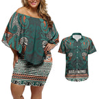 Aotearoa Iwi Ngāti Maru Taranaki Couples Matching Off Shoulder Short Dress and Hawaiian Shirt Maori Wharenui House Tribal Pattern