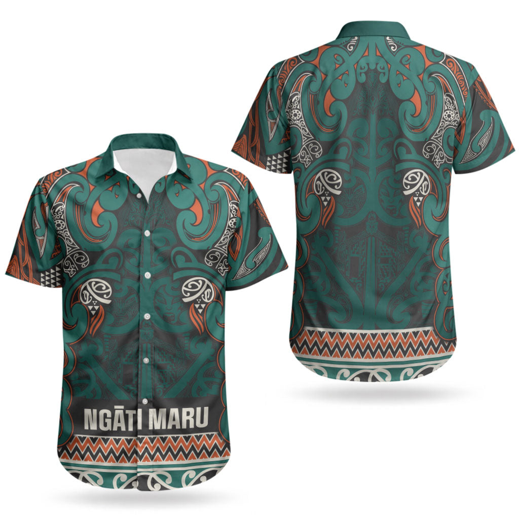 Aotearoa Iwi Ngāti Maru Taranaki Couples Matching Off Shoulder Short Dress and Hawaiian Shirt Maori Wharenui House Tribal Pattern
