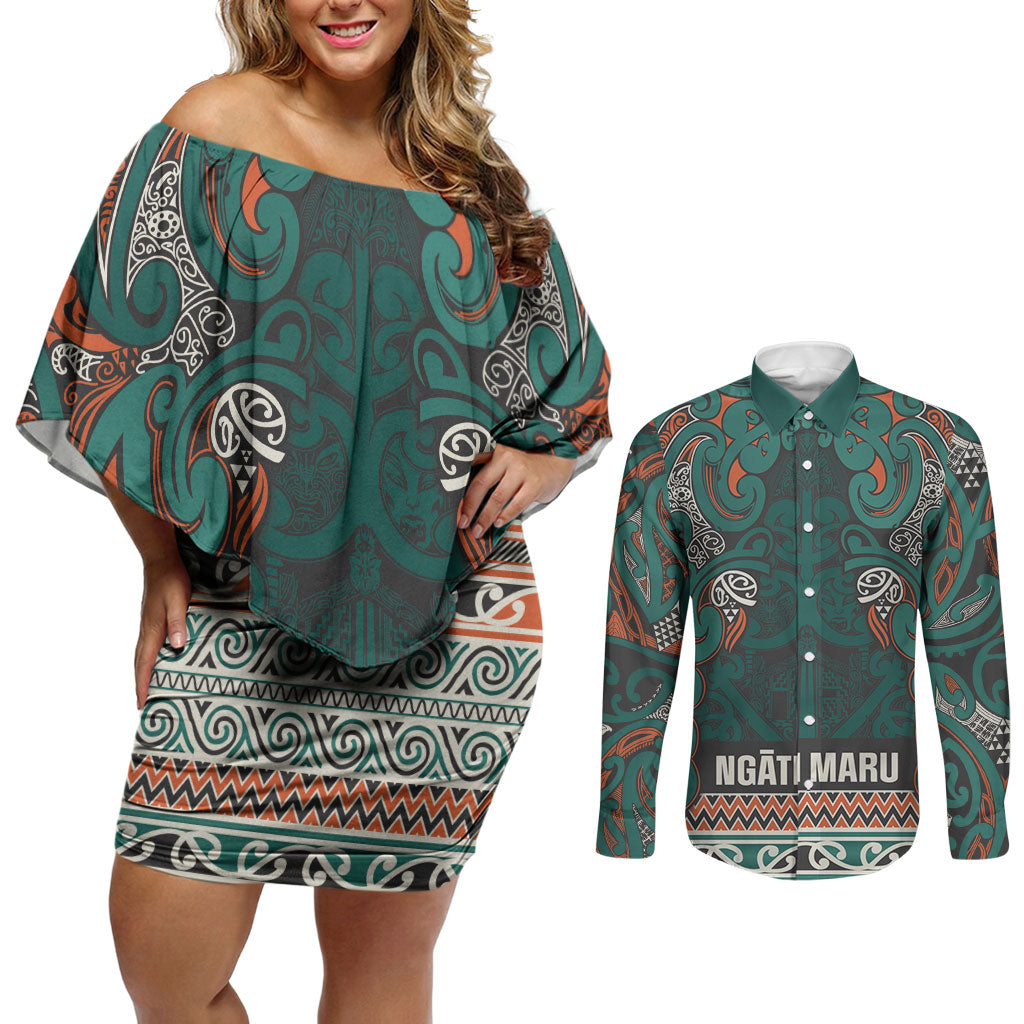 Aotearoa Iwi Ngāti Maru Taranaki Couples Matching Off Shoulder Short Dress and Long Sleeve Button Shirt Maori Wharenui House Tribal Pattern