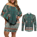 Aotearoa Iwi Ngāti Maru Taranaki Couples Matching Off Shoulder Short Dress and Long Sleeve Button Shirt Maori Wharenui House Tribal Pattern