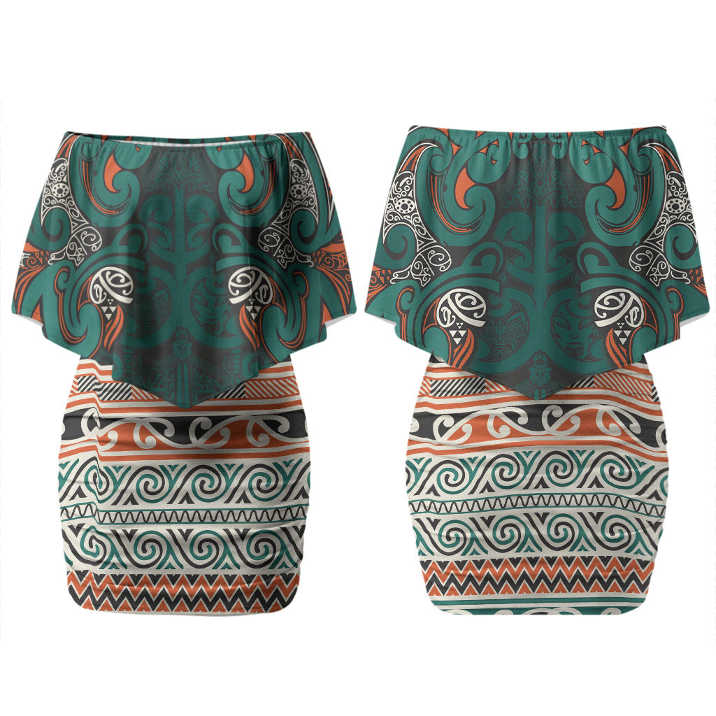 Aotearoa Iwi Ngāti Maru Taranaki Couples Matching Off Shoulder Short Dress and Long Sleeve Button Shirt Maori Wharenui House Tribal Pattern
