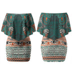 Aotearoa Iwi Ngāti Maru Taranaki Couples Matching Off Shoulder Short Dress and Long Sleeve Button Shirt Maori Wharenui House Tribal Pattern