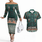 Aotearoa Iwi Ngāti Maru Taranaki Couples Matching Off The Shoulder Long Sleeve Dress and Hawaiian Shirt Maori Wharenui House Tribal Pattern