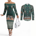 Aotearoa Iwi Ngāti Maru Taranaki Couples Matching Off The Shoulder Long Sleeve Dress and Long Sleeve Button Shirt Maori Wharenui House Tribal Pattern