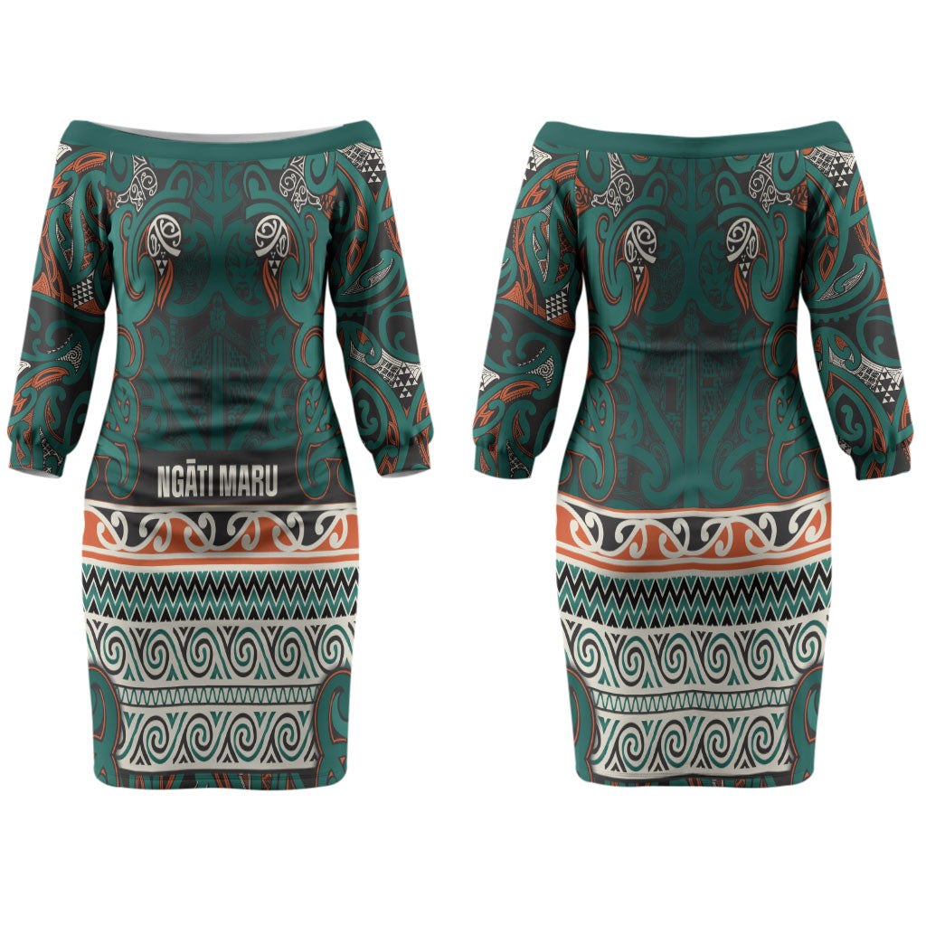 Aotearoa Iwi Ngāti Maru Taranaki Couples Matching Off The Shoulder Long Sleeve Dress and Long Sleeve Button Shirt Maori Wharenui House Tribal Pattern