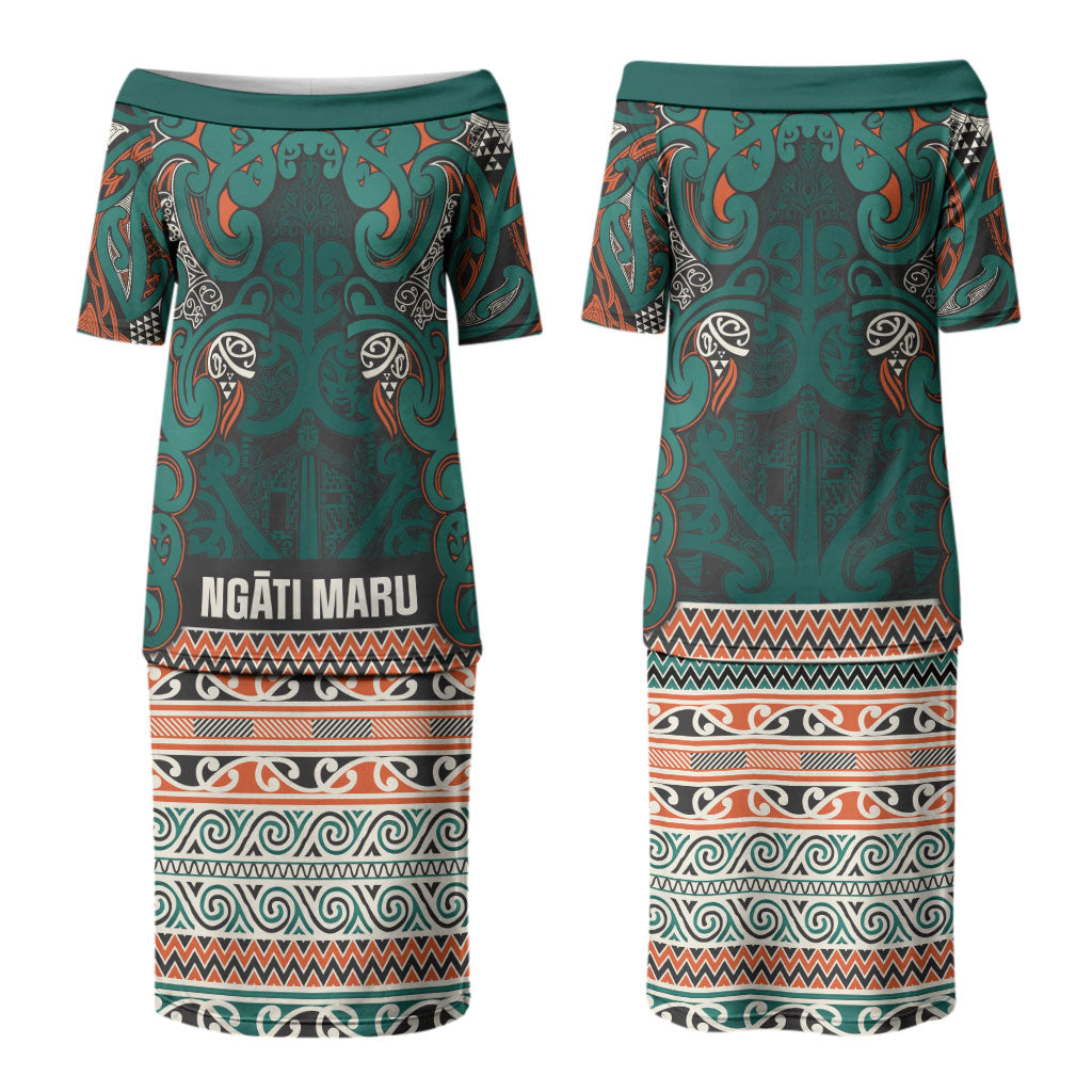 Aotearoa Iwi Ngāti Maru Taranaki Couples Matching Puletasi and Long Sleeve Button Shirt Maori Wharenui House Tribal Pattern