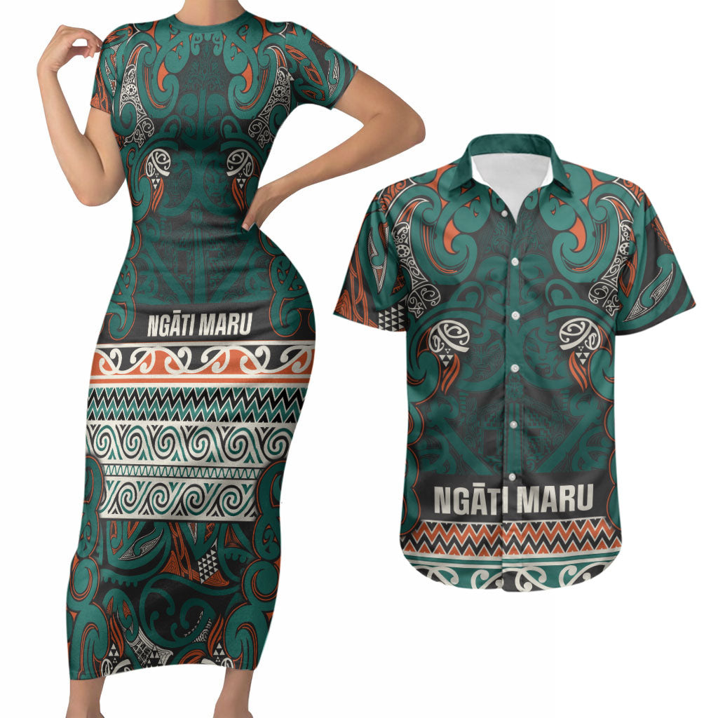 Aotearoa Iwi Ngāti Maru Taranaki Couples Matching Short Sleeve Bodycon Dress and Hawaiian Shirt Maori Wharenui House Tribal Pattern
