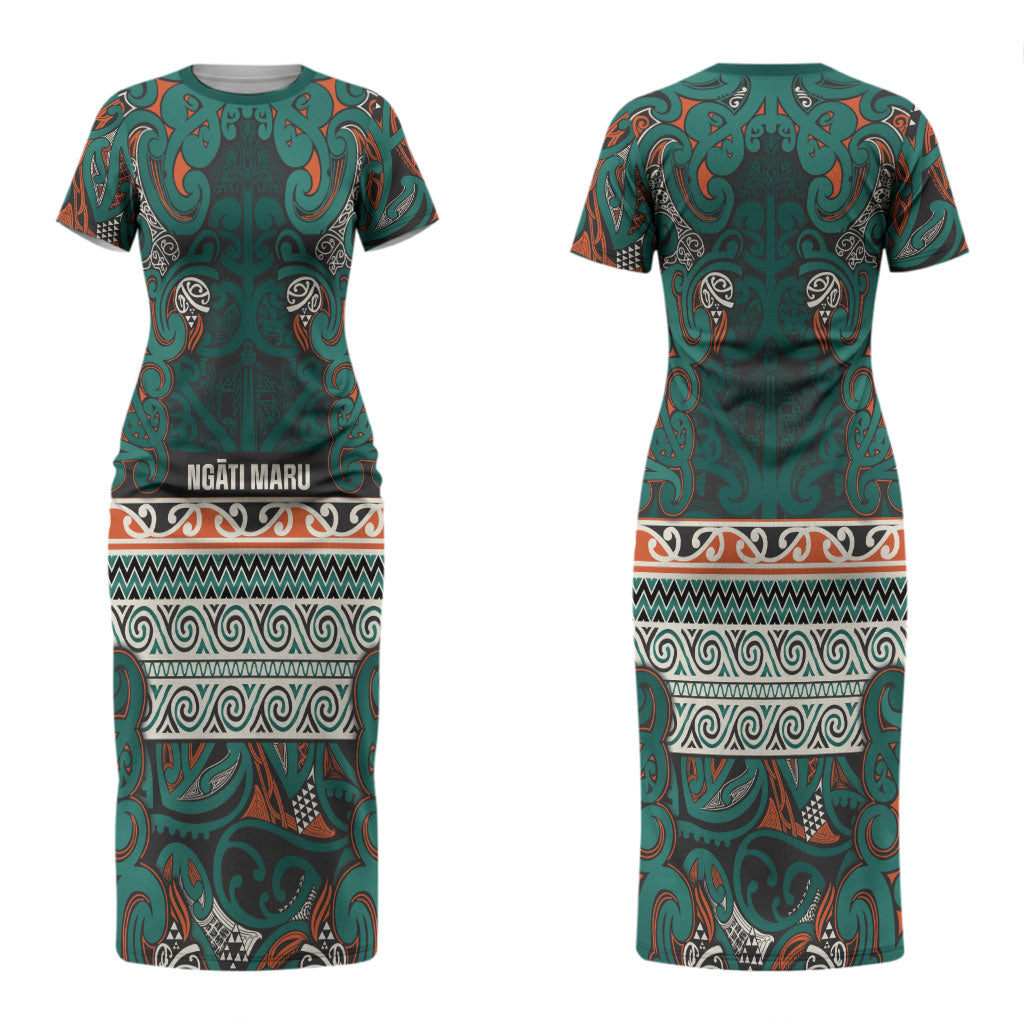 Aotearoa Iwi Ngāti Maru Taranaki Couples Matching Short Sleeve Bodycon Dress and Hawaiian Shirt Maori Wharenui House Tribal Pattern