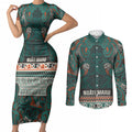 Aotearoa Iwi Ngāti Maru Taranaki Couples Matching Short Sleeve Bodycon Dress and Long Sleeve Button Shirt Maori Wharenui House Tribal Pattern