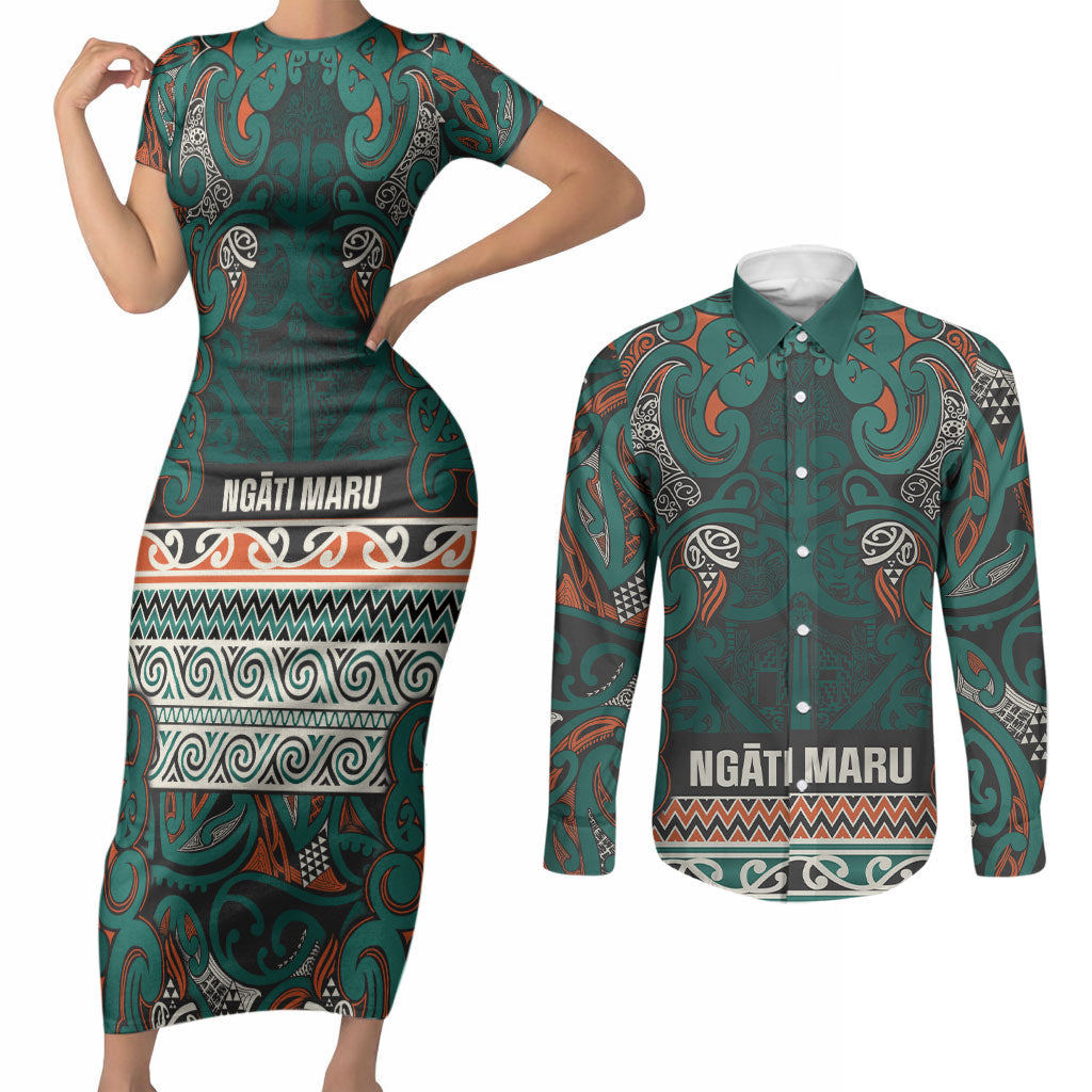 Aotearoa Iwi Ngāti Maru Taranaki Couples Matching Short Sleeve Bodycon Dress and Long Sleeve Button Shirt Maori Wharenui House Tribal Pattern