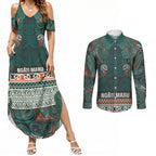 Aotearoa Iwi Ngāti Maru Taranaki Couples Matching Summer Maxi Dress and Long Sleeve Button Shirt Maori Wharenui House Tribal Pattern