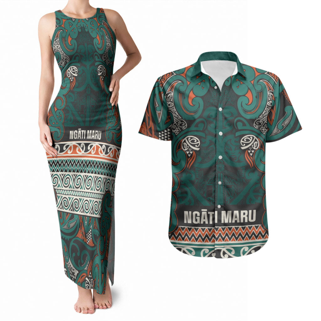 Aotearoa Iwi Ngāti Maru Taranaki Couples Matching Tank Maxi Dress and Hawaiian Shirt Maori Wharenui House Tribal Pattern