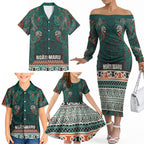 Aotearoa Iwi Ngāti Maru Taranaki Family Matching Off The Shoulder Long Sleeve Dress and Hawaiian Shirt Maori Wharenui House Tribal Pattern