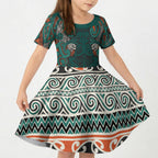 Aotearoa Iwi Ngāti Maru Taranaki Kid Short Sleeve Dress Maori Wharenui House Tribal Pattern