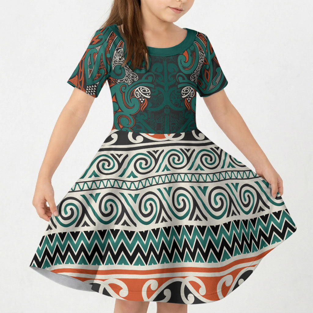 Aotearoa Iwi Ngāti Maru Taranaki Kid Short Sleeve Dress Maori Wharenui House Tribal Pattern