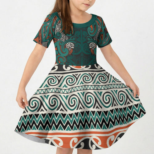 Aotearoa Iwi Ngāti Maru Taranaki Kid Short Sleeve Dress Maori Wharenui House Tribal Pattern