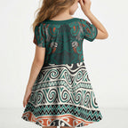 Aotearoa Iwi Ngāti Maru Taranaki Kid Short Sleeve Dress Maori Wharenui House Tribal Pattern