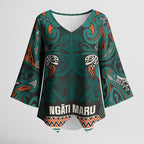 Aotearoa Iwi Ngāti Maru Taranaki Kimono Sleeve Blouse Maori Wharenui House Tribal Pattern