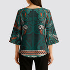 Aotearoa Iwi Ngāti Maru Taranaki Kimono Sleeve Blouse Maori Wharenui House Tribal Pattern