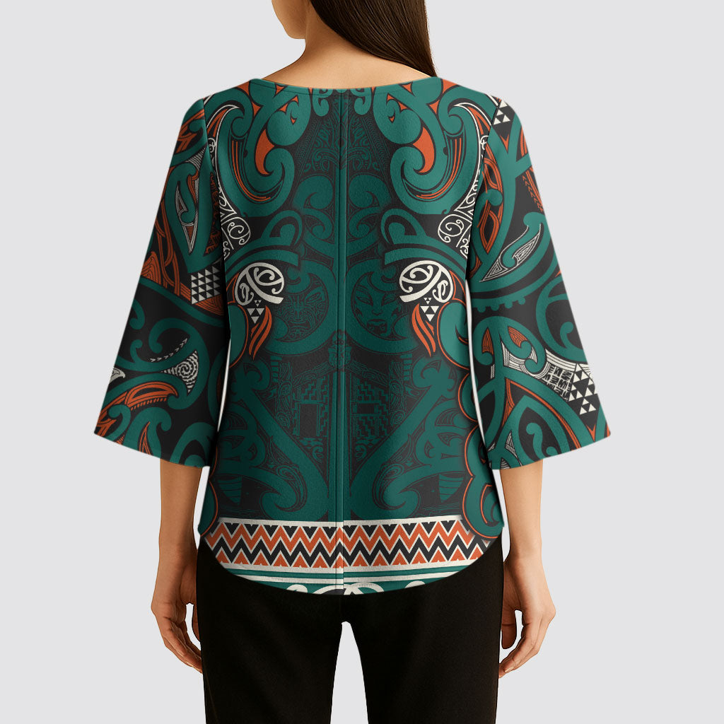 Aotearoa Iwi Ngāti Maru Taranaki Kimono Sleeve Blouse Maori Wharenui House Tribal Pattern