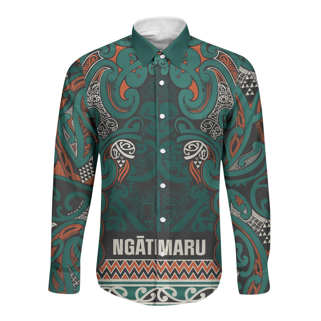 Aotearoa Iwi Ngāti Maru Taranaki Long Sleeve Button Shirt Maori Wharenui House Tribal Pattern