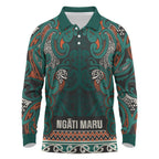 Aotearoa Iwi Ngāti Maru Taranaki Long Sleeve Polo Shirt Maori Wharenui House Tribal Pattern