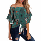Aotearoa Iwi Ngāti Maru Taranaki Off Shoulder Wrap Waist Top Maori Wharenui House Tribal Pattern