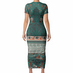 Aotearoa Iwi Ngāti Maru Taranaki Short Sleeve Bodycon Dress Maori Wharenui House Tribal Pattern