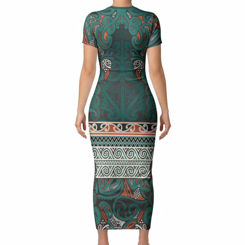 Aotearoa Iwi Ngāti Maru Taranaki Short Sleeve Bodycon Dress Maori Wharenui House Tribal Pattern