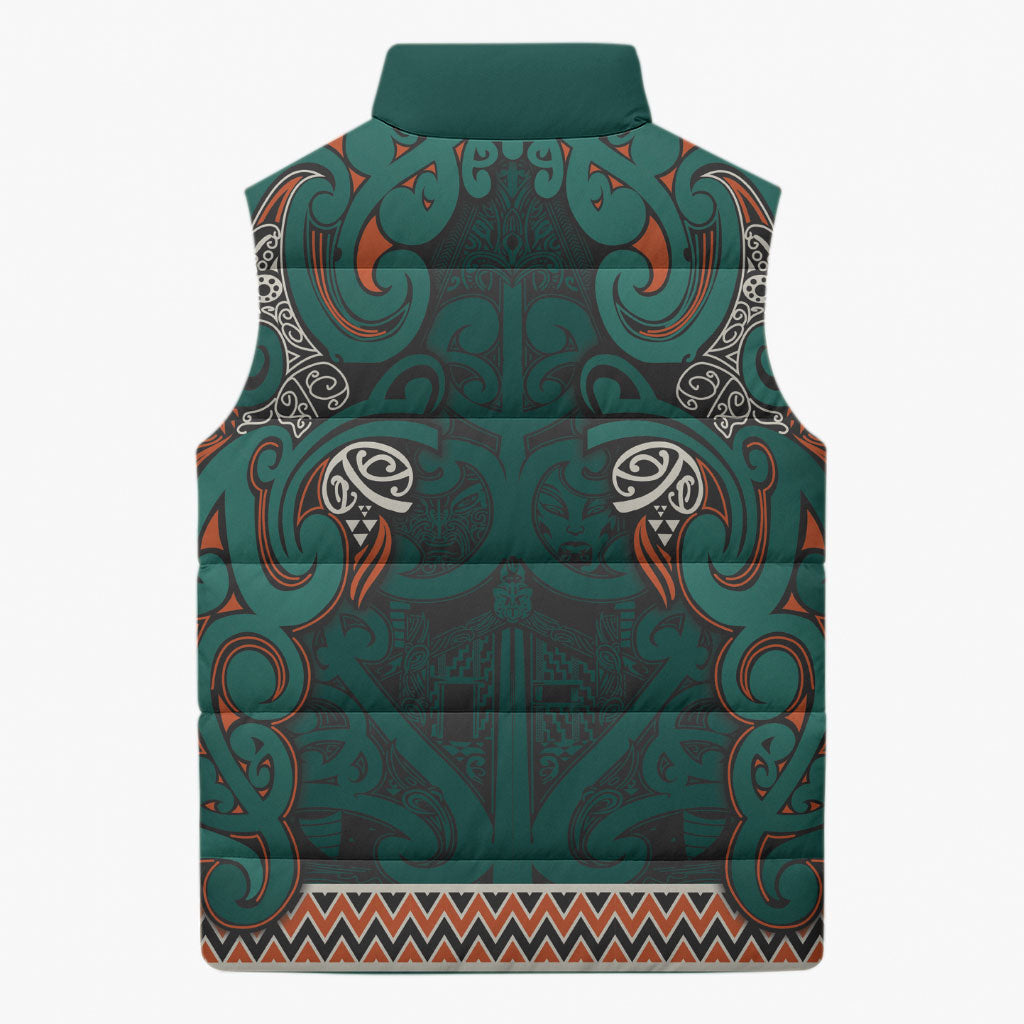 Aotearoa Iwi Ngāti Maru Taranaki Sleeveless Puffer Jacket Maori Wharenui House Tribal Pattern