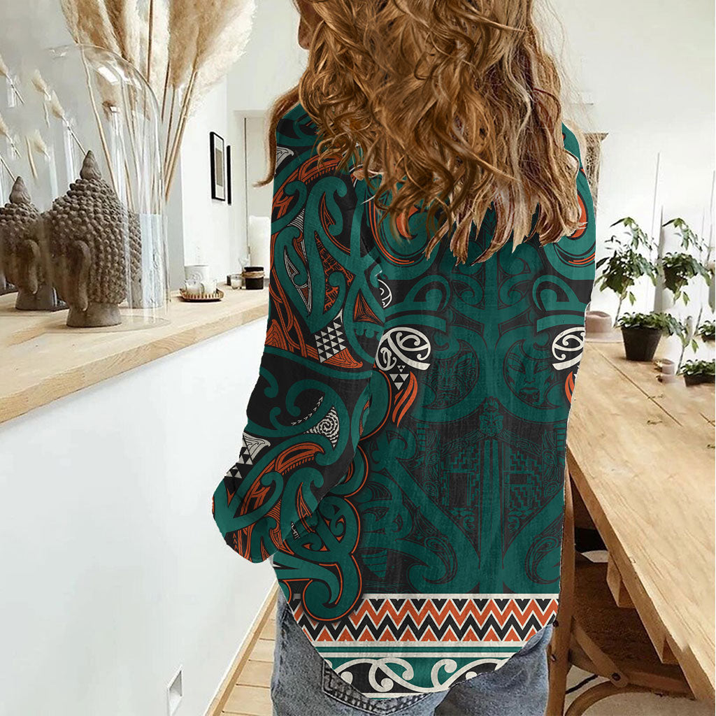 Aotearoa Iwi Ngāti Maru Taranaki Women Casual Shirt Maori Wharenui House Tribal Pattern