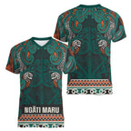 Aotearoa Iwi Ngāti Maru Taranaki Women V-Neck T-Shirt Maori Wharenui House Tribal Pattern