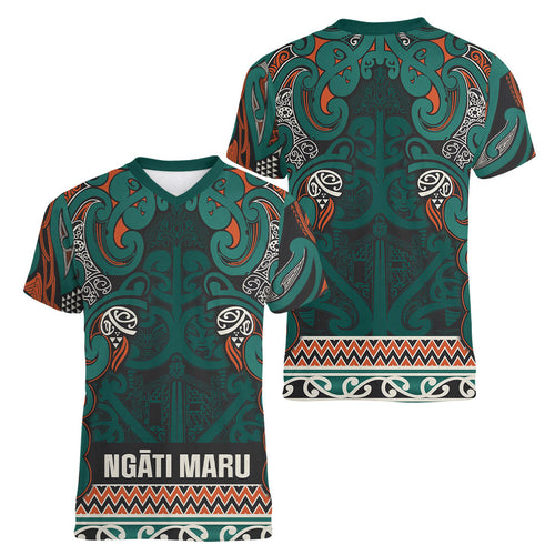 Aotearoa Iwi Ngāti Maru Taranaki Women V-Neck T-Shirt Maori Wharenui House Tribal Pattern