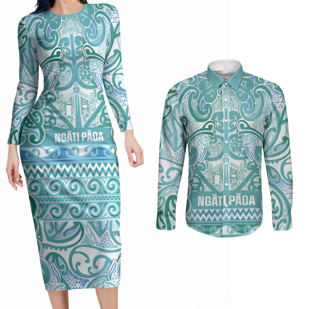 Aotearoa Iwi Ngati Paoa Couples Matching Long Sleeve Bodycon Dress and Long Sleeve Button Shirt Maori Wharenui House Tribal Pattern