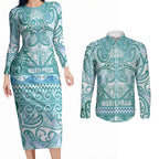Aotearoa Iwi Ngati Paoa Couples Matching Long Sleeve Bodycon Dress and Long Sleeve Button Shirt Maori Wharenui House Tribal Pattern