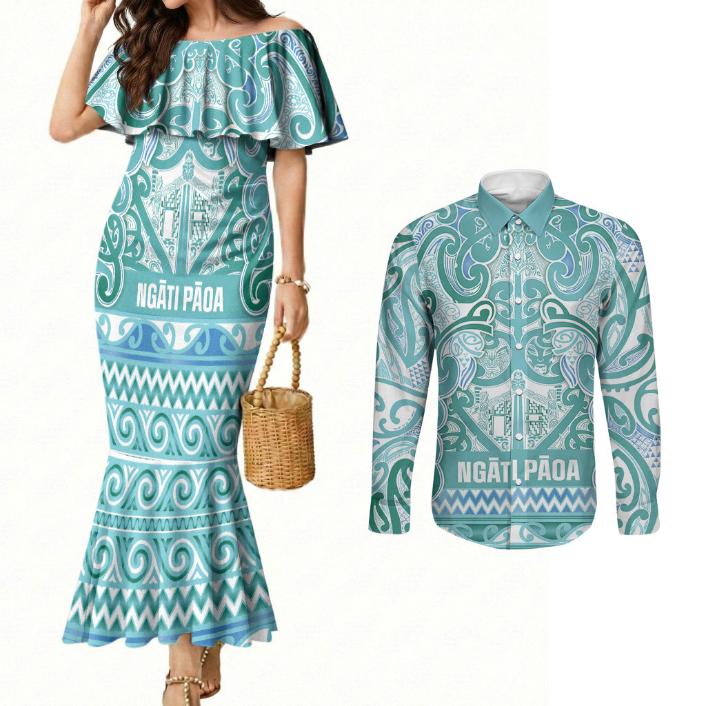 Aotearoa Iwi Ngati Paoa Couples Matching Mermaid Dress and Long Sleeve Button Shirt Maori Wharenui House Tribal Pattern