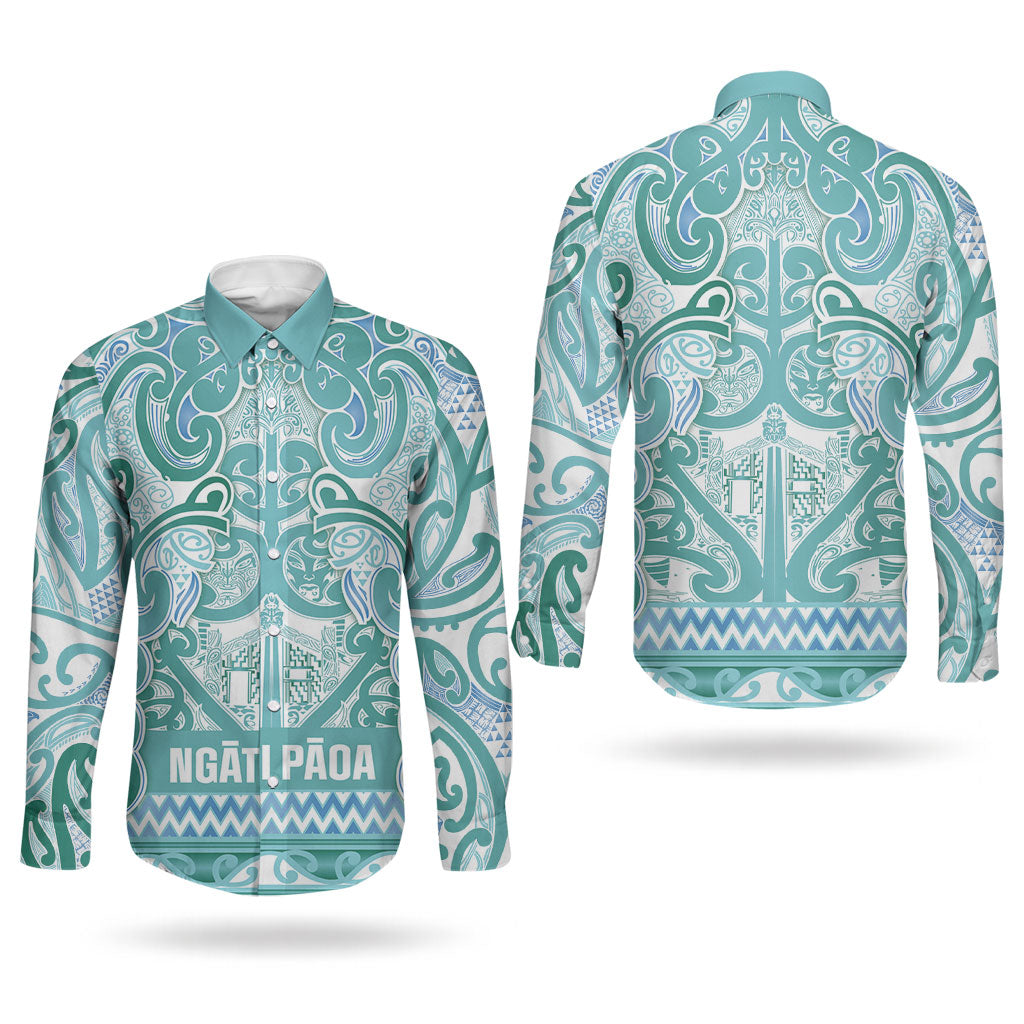 Aotearoa Iwi Ngati Paoa Couples Matching Mermaid Dress and Long Sleeve Button Shirt Maori Wharenui House Tribal Pattern