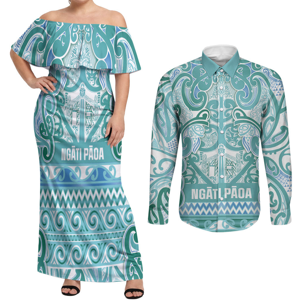 Aotearoa Iwi Ngati Paoa Couples Matching Off Shoulder Maxi Dress and Long Sleeve Button Shirt Maori Wharenui House Tribal Pattern