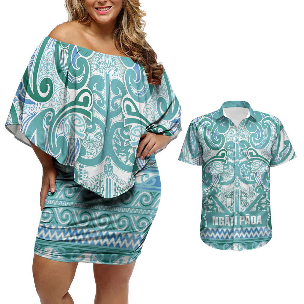 Aotearoa Iwi Ngati Paoa Couples Matching Off Shoulder Short Dress and Hawaiian Shirt Maori Wharenui House Tribal Pattern