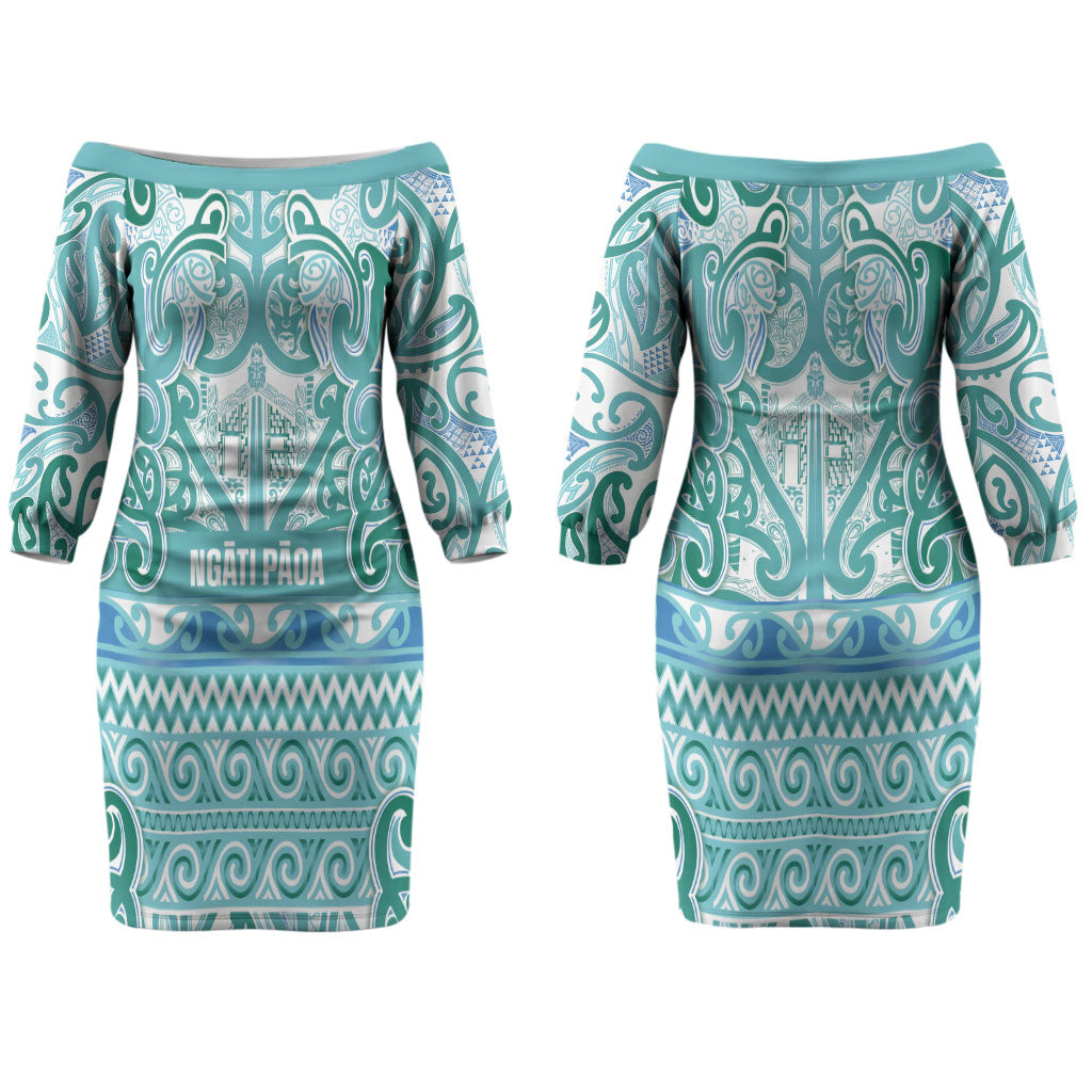 Aotearoa Iwi Ngati Paoa Couples Matching Off The Shoulder Long Sleeve Dress and Hawaiian Shirt Maori Wharenui House Tribal Pattern