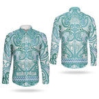Aotearoa Iwi Ngati Paoa Couples Matching Off The Shoulder Long Sleeve Dress and Long Sleeve Button Shirt Maori Wharenui House Tribal Pattern