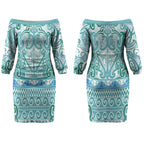 Aotearoa Iwi Ngati Paoa Couples Matching Off The Shoulder Long Sleeve Dress and Long Sleeve Button Shirt Maori Wharenui House Tribal Pattern