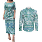 Aotearoa Iwi Ngati Paoa Couples Matching Puletasi and Long Sleeve Button Shirt Maori Wharenui House Tribal Pattern
