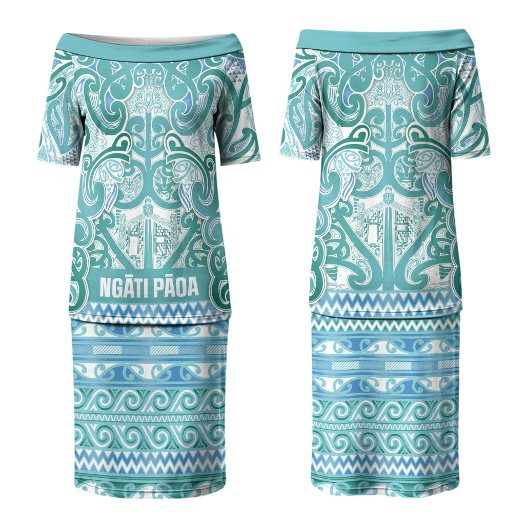 Aotearoa Iwi Ngati Paoa Couples Matching Puletasi and Long Sleeve Button Shirt Maori Wharenui House Tribal Pattern