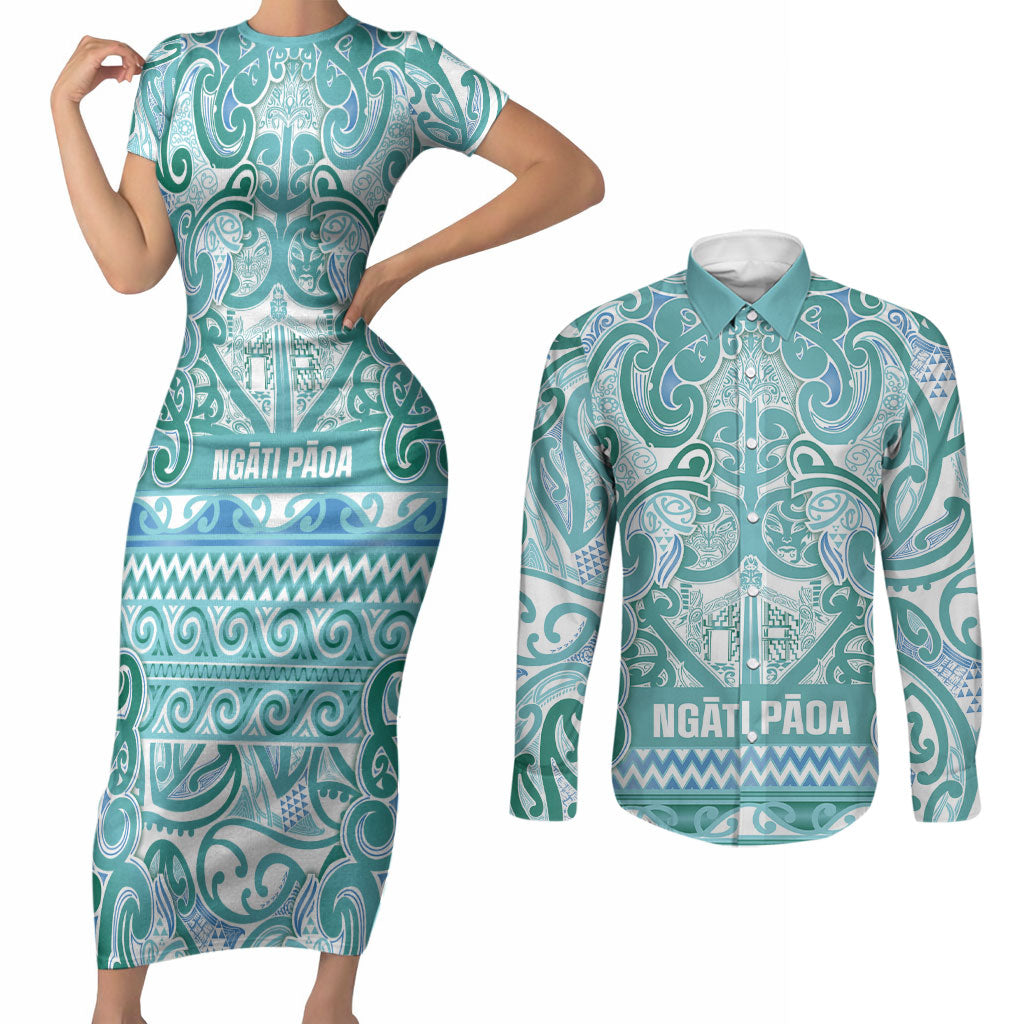 Aotearoa Iwi Ngati Paoa Couples Matching Short Sleeve Bodycon Dress and Long Sleeve Button Shirt Maori Wharenui House Tribal Pattern