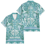 Aotearoa Iwi Ngati Paoa Family Matching Off Shoulder Short Dress and Hawaiian Shirt Maori Wharenui House Tribal Pattern