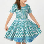 Aotearoa Iwi Ngati Paoa Kid Short Sleeve Dress Maori Wharenui House Tribal Pattern