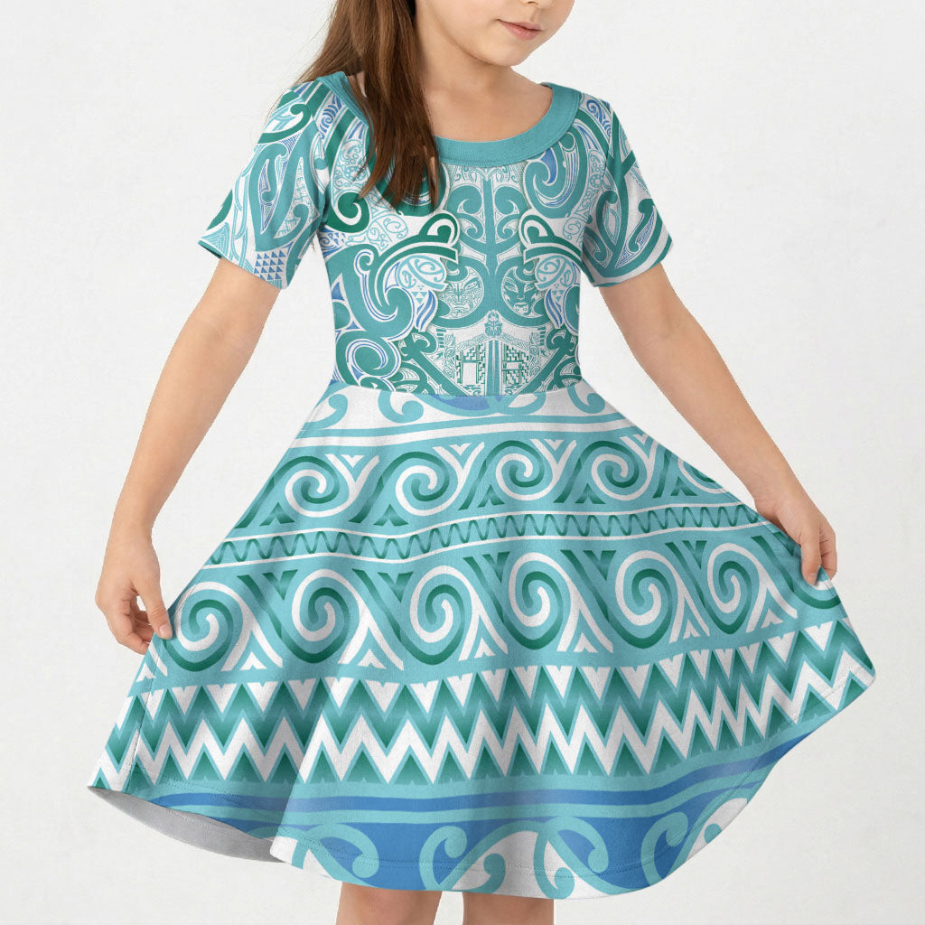 Aotearoa Iwi Ngati Paoa Kid Short Sleeve Dress Maori Wharenui House Tribal Pattern