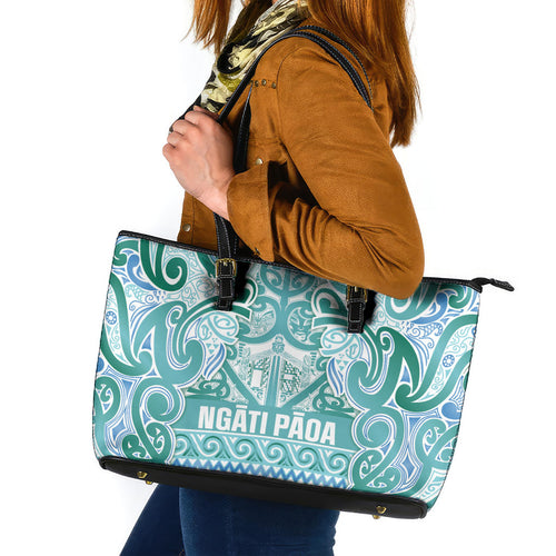 Aotearoa Iwi Ngati Paoa Leather Tote Bag Maori Wharenui House Tribal Pattern